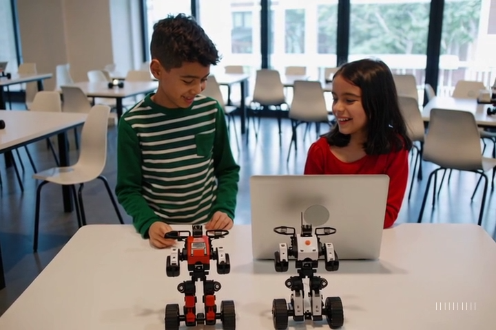 Summer chess camp robotics workshop with children building and programming robots, combined with swimming pool activities in Madrid. Day camp Madrid.